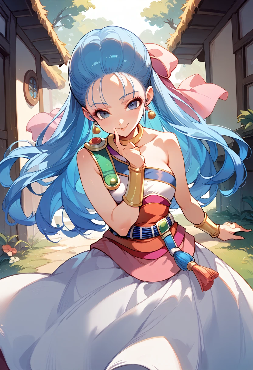 masterpiece,High resolution,Highest quality,8k
(Dragon Quest,Nera Briscoletti)
( female,Blue long hair)
(Pink ribbon,White long dress,sash,Shoulder Bare)
Naughty face,slouch