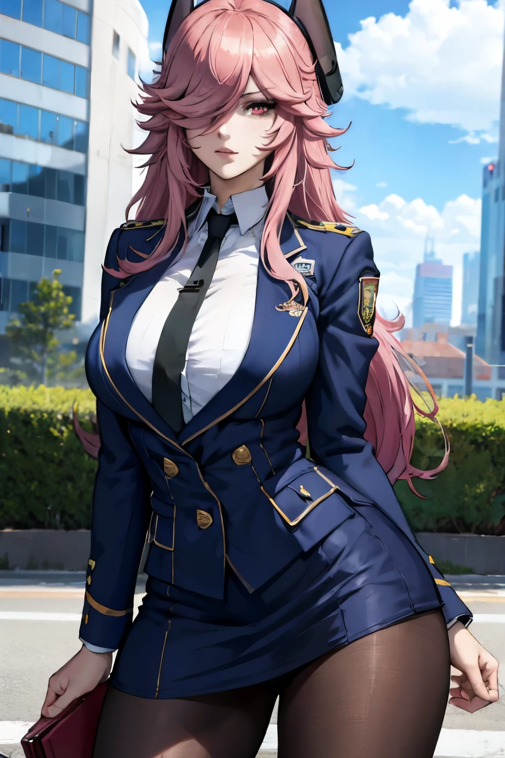 jambes grasses, ((perfect eyes)), (extremely fine and beautiful:1.1), (perfect details:1.1), (finely detailed eyes and detailed face:1.3), ((Yayoi Kusakabe)), high rise invasion, sky high survival, (pantyhose brillant), uniforme policier, red eyes, holding, outdoors, cloud, hair over one eye, blue sky, lipstick, black necktie, black high heels