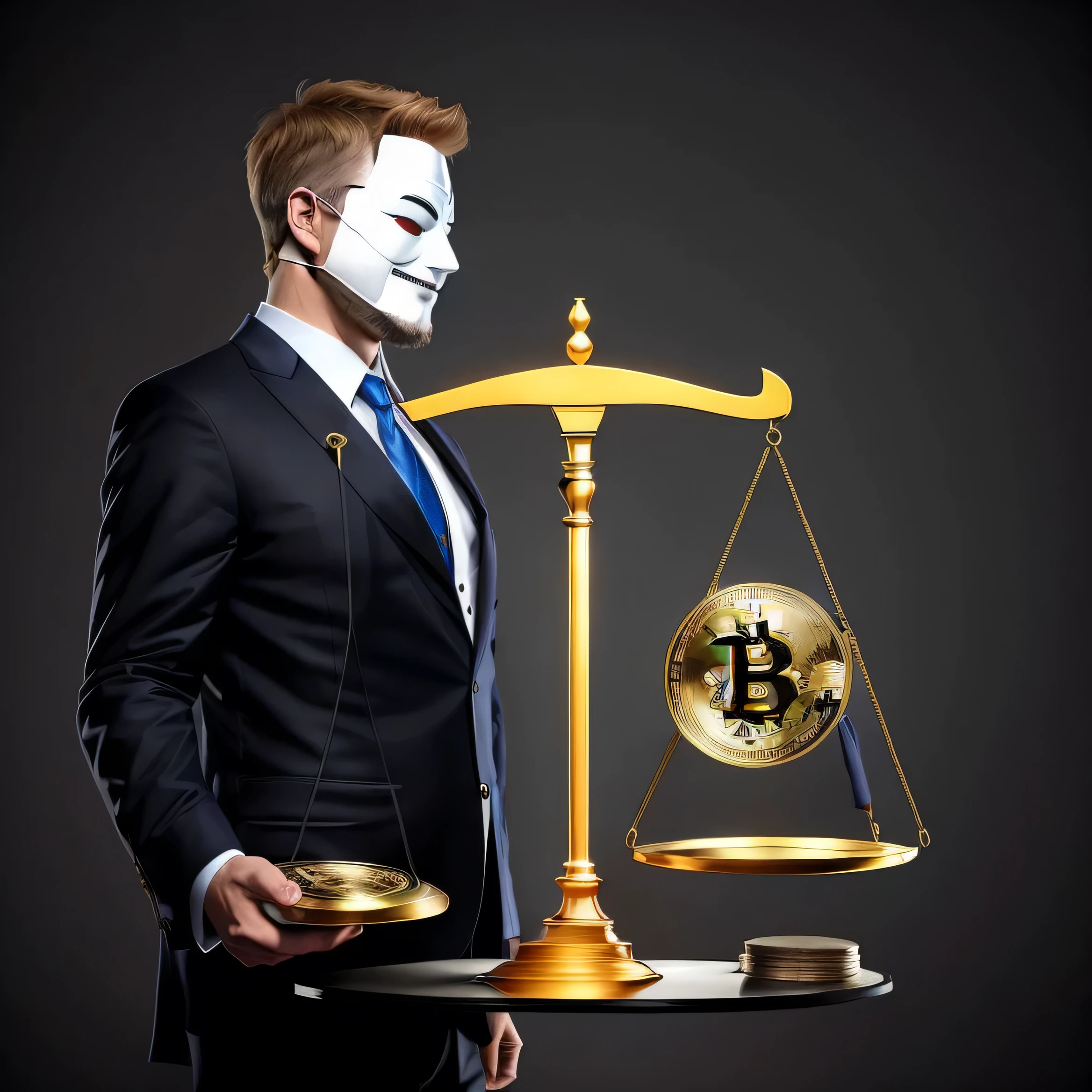 a man in a suit and mask holding a scale with a bitcoin on it, bitcoin evil, satoshi, typical cryptocurrency nerd, crypto valut, cryptocurrency, bitcoin, 🔞🤡, personification of greed, crypto, black scales and cyborg tech, anonymous, vitalik buterin, b, anonymous mask, coin of secret society, high-contrast