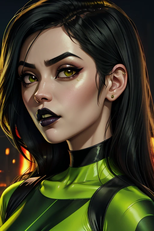 (shegolady:1.2), (shego:1), (woman:1), ((green eyes)), (black and green suit:1), (body suit:1.2), (sharp facial features:1.5), (thin eyebrows), (fair complexion), (white skin:0.7), (black hair:1.0), long side parted hair, (green smoke from hands), (black lipstick), cartoony facial features, large round eyes, bangs hair, (realistic:1.2), (masterpiece:1.2), (full-body-shot:1),(Cowboy-shot:1.2), light particles, dark lair background, neon lighting, dark romantic lighting, (highly detailed:1.2),(detailed face:1.2), (gradients), colorful, detailed eyes, (one person), (detailed landscape:1.2), (natural lighting:1.2),(detailed background),detailed landscape, (dynamic pose:1.2), wide shot, solo, <lora:sxz-shego:0.8> <lora:add_detail:0.3> <lora:hipoly3DModelLora_v10:0.05> <lora:RSERomantic_RSESofiko_RSEEmma-v1:0.1>