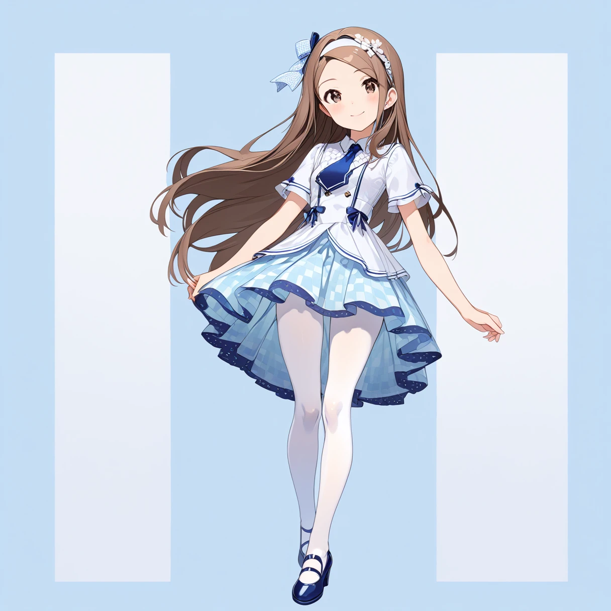 (Full Body Shot:1.5), (Standing), 
(masterpiece), (Highest quality), (High resolution), (Very detailed), (Best illustrations), Best Shadow, (so beautiful:0.9), (very cute), 

(Minase Iori),  girl, 
Dark brown hair, Long Hair, amount, Hair Clip, Brown eyes, hair band, 
smile, Shyness, Pitiful, 
Small breasts, Round Breasts, Iris, round face, 

Perfect limbs, Perfect Anatomy, Thin legs, Five perfect fingers, Big eyes, Iris, (slender), Tight waist, 
Delicate and smooth skin, Beautiful Skin, Textured skin, Attractive body, 
smile, 恥ずかしそうなsmile, 
 
(White and blue girly dress), Frills, ribbon, (Blue tie), (A transparent white shirt), (Blue and white checkered pleated skirt), 
White cotton socks,(White Pantyhose), Knee-high socks, Pink heels, 

(Blue background:2.0), (Blue Studio), 

(from the front), 