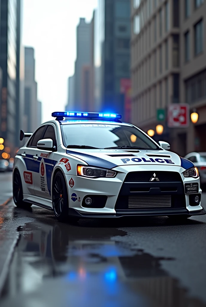 a police car, white and blue struips, neon lightning, rain, head lights, drifting, realistic, ultra hd, 8k, city, buildings, Nissan GT-R, need for speed