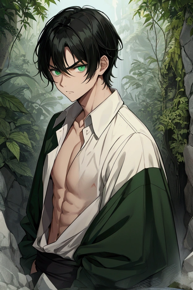 skinny dark-haired boy 18 years old with a scar on his right eye , el ojo izquierdo verde y el derecho rojo