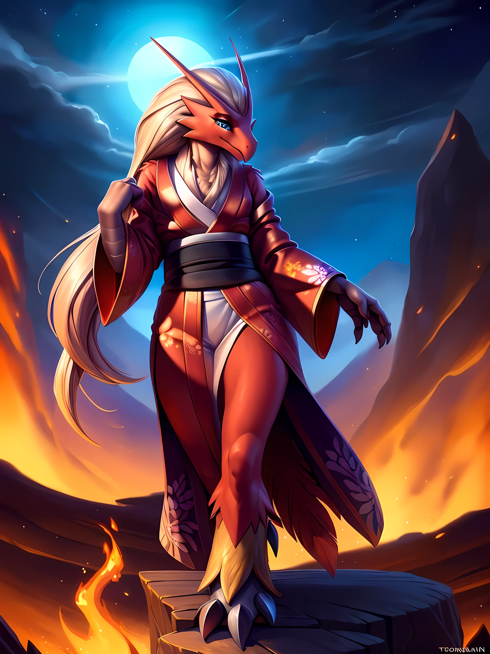 uploaded on e621, ((Blaziken)) by Pixelsketcher, by Bayard Wu, by Thomas Benjamin Kennington , by Einshelm, anthro, ((portrait)), BREAK, ((kimono:1.2)), wearing a kimono, long flowing kimono, red kimono, fire design on kimono, full body kimono)), (detailed Bonifasko lighting), (detailed feathers), (detailed fur), (female Blaziken), BREAK, ((long flowing hair)), ((facing viewer)), (cinematic lighting), ((detailed background)), ((full body portrait view)), (((full body view))), (half body shadow), [backlighting], [crepuscular ray], [detailed ambient light], [gray natural lighting], [ambient light on the belly], (higher wildlife feral detail), [sharp focus], (shaded), ((masterpiece), medium breasts, furry Blaziken, bird face, furry Fantasy Art, furry Art, Commission for High Res, anthro Art, POV furry Art,Sakimichan beautiful, masterpiece, best quality, detailed image, bright colors, detailed face, perfect lighting, perfect shadows, perfect eyes, girl focus, blue eyes, flawless face, face focus, long flowing kimono, bird girl, feathers, feathers woman, large long muzzle, colorful feathers, gaze at the viewer, half-closed eyes, 1girl, full body, (masterpiece:1.21), (best quality:1.2), (illustration:1.2), (cinematic lighting:1.3), detailed fur, balanced coloring, global illumination, ray tracing, good lighting, feathers, anthro, looking at viewer, (standing outside, in volcano, fire and snoke, woman looking at viewer, woman looking at camera, fire in open hands, in a fighting pose, wearing red kimono