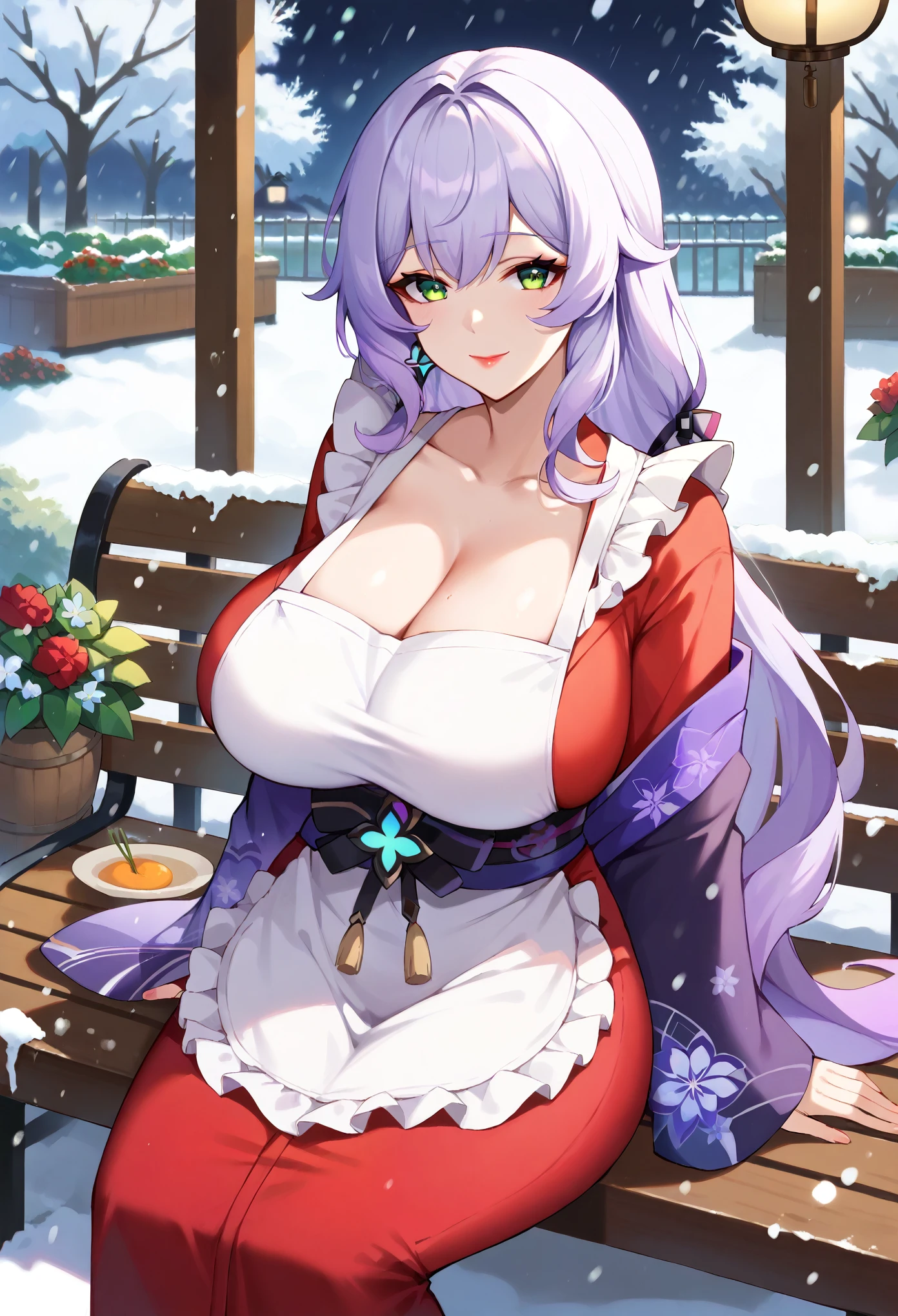 masterpiece, score_9, score_8_up, score_7_up, best quality, extremely detailed, 1girl, milf, solo, black swan \(honkai: star rail\), (huge breasts), ((((purple hair), long hair, green eyes))), red lips, (((kimono, white apron, frilled apron))), ((light smile), closed mouth), ((sitting, on bench, garden, winter, snowing))