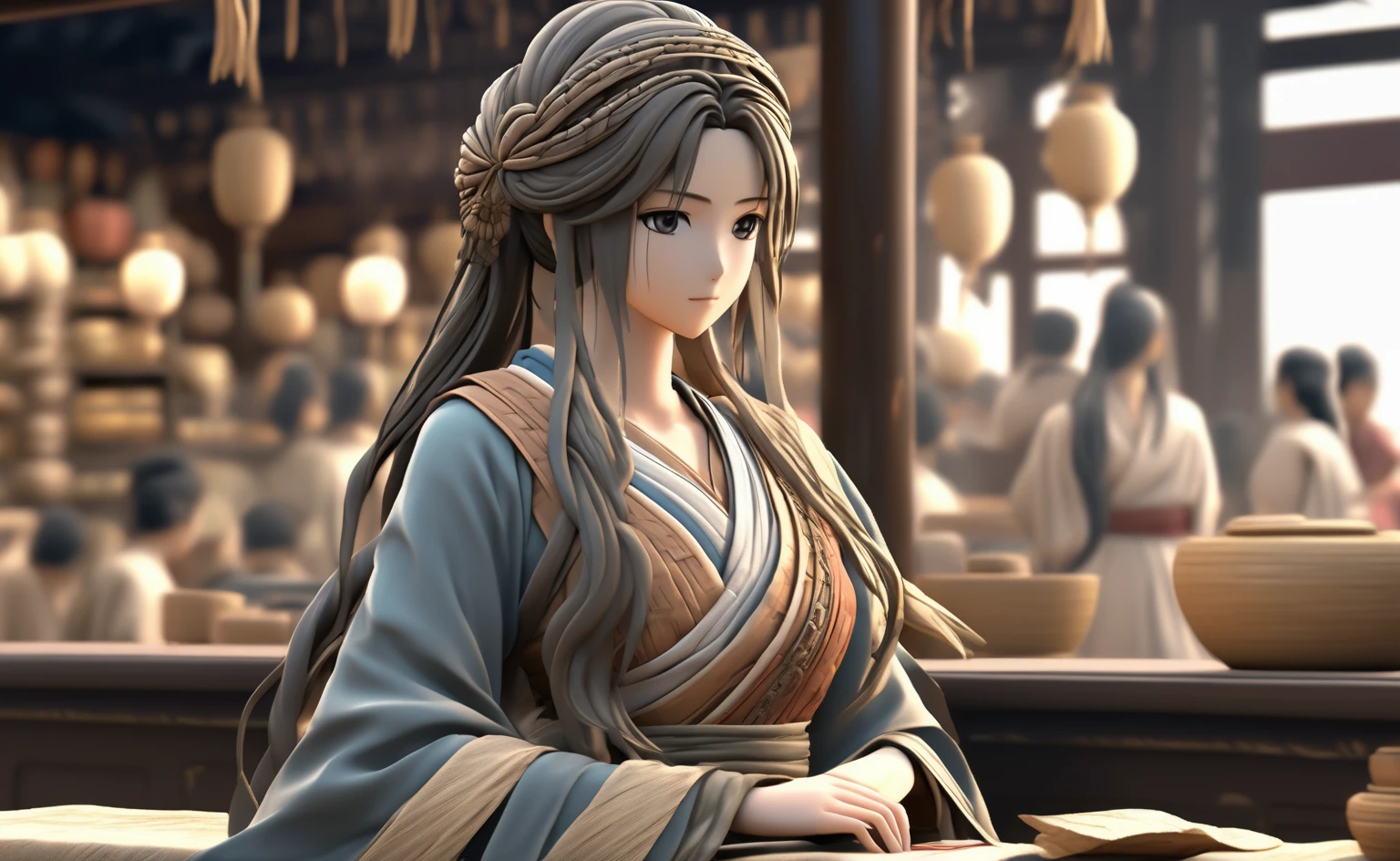 A poor womansat on a cloth store cash counter, beautifully dressed, in ancient times, 3D, realistic anime character, extremely detailed face and eyes, long flowing hair, intricate details, photorealistic, cinematic lighting, muted color palette, dramatic shadows, high quality, masterpiece, Looking at viewer, 