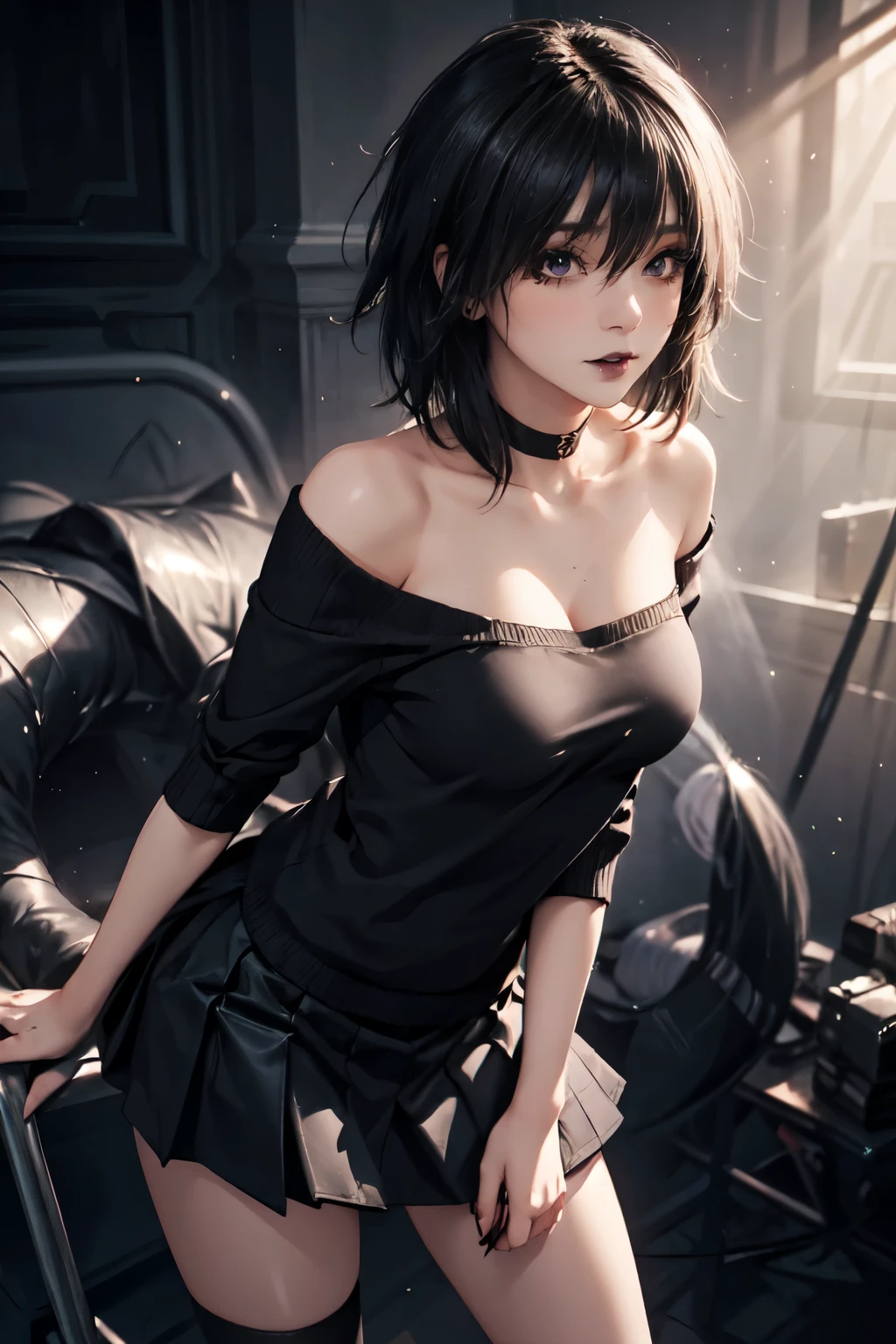 ((Highest quality)), ((masterpiece)), (detailed),Perfect Anatomy,Natural Light,In the city where buildings stand side by side,Night Scenery,A very cute, -faceack-haired woman,((Highest quality, 8k, masterpiece: 1.3, )),A woman with very small breasts,Well-proportioned, slim body,Long, slender legs,Long, thin hands, detailedな顔, detailedな肌, fine grain, detailedな唇, detailedな舌, detailedな指, Mouth detailed, Beautiful teeth alignment,Realistic, High resolution, Natural light, Dynamic pose,Toned Legs, double eyelid, Tear bags, Round eyes, Moist eyes,Moisturized lips,Long, flowing blonde hair, (((Black leather collar,Wearing a black leather jacket,A black leather jumper that reveals the chest,Wearing a very short black leather miniskirt,White panties look good,Black leather belt at waist))),((spread your legs wide 1.9,Open your legs in an M shape..5,Woman sitting with knees up 1.4,A pose that emphasizes panties,I want to see more panties)),Poses that emphasize the uterus,A pose that gives a good view of the anus and pussy,