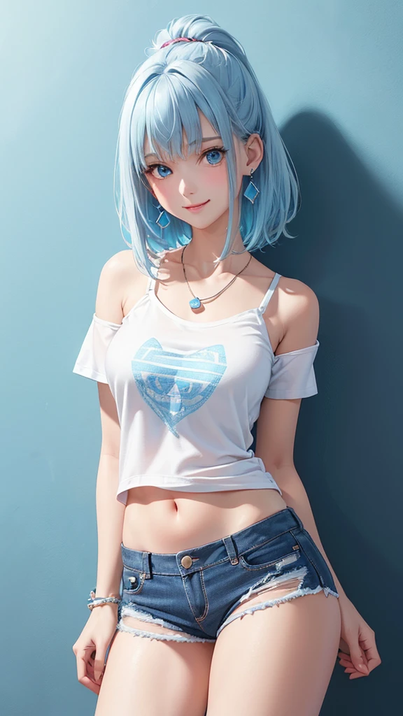 NSFW, top-quality, intricate detailes, chromatic abberation, 1girl in, Dynamic Pose, Cinematic Angle, short silver hair, Blue Highlights, heterochromia iridis, Gentle smile, Oversized T-shirt, Super Super Mini Skirt, Pull up your skirt to show your panties, Cowboy Shots, wind lift, (oversize tshirt: 1.2 inch), Concrete walls, doodle, the street