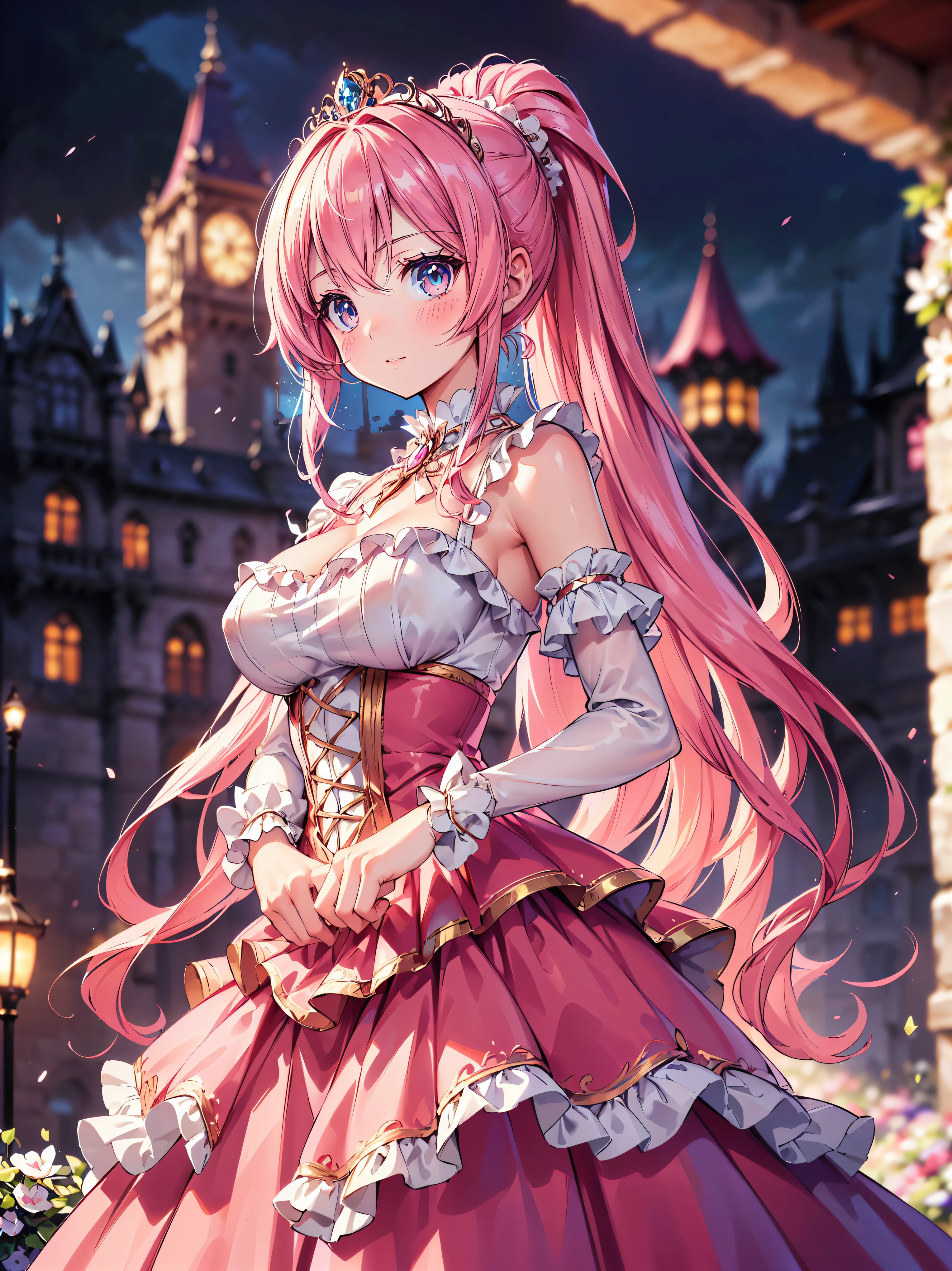 ((Superbly detailed drawing, ultra detailed, exquisite quality, absolutely resolution)), (((young face solo princess))), (((Unsurpassed gorgeous rococo victorian gown with voluminous huge hoopskirt and long hems, princess style skirt:1.5))), ((transparency gown, fluffy and full of pleats skirt:1.3)), (Super detailed and intricate exquisite design gown:1.5), ((overwhelming amount many ruffles with ribbons with intricate lace with Super detailed and intricate embroidery gown:1.9)), ((huge breasts, breasts cleavage)), (ponytail, fluffy long Expressive, hair pink hair), super voluminous long hair, hair ornament tiara, embarrassed, (((curtsey:2))), (blurry background, depth of field:1.5), super detailed skin, super delicate and beautiful face, (eyes blue eyes), (backlighting, particle effect, caustics), (((sharp focus))), ((fog city, fantasy castle, night sky)), (fisheye lens:1.1), (magnificent panorama view, dynamic angle:1.3), ((upper body)), (looking viewer, looking up, from above, from front:1.5),