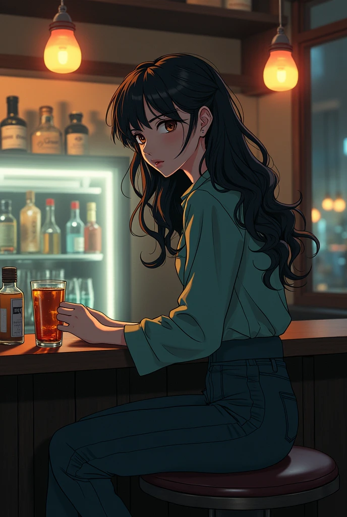 Illustration drawn in 80's cartoon style. It depicts one young woman with short dark red hair. The scene is a bar with an adult atmosphere. The woman exudes a cool and somewhat nostalgic atmosphere. She has a relaxed expression on her face and is sitting on a chair, holding a glass. The background is painted in soft, soothing tones, further emphasizing the chill, contemplative atmosphere.