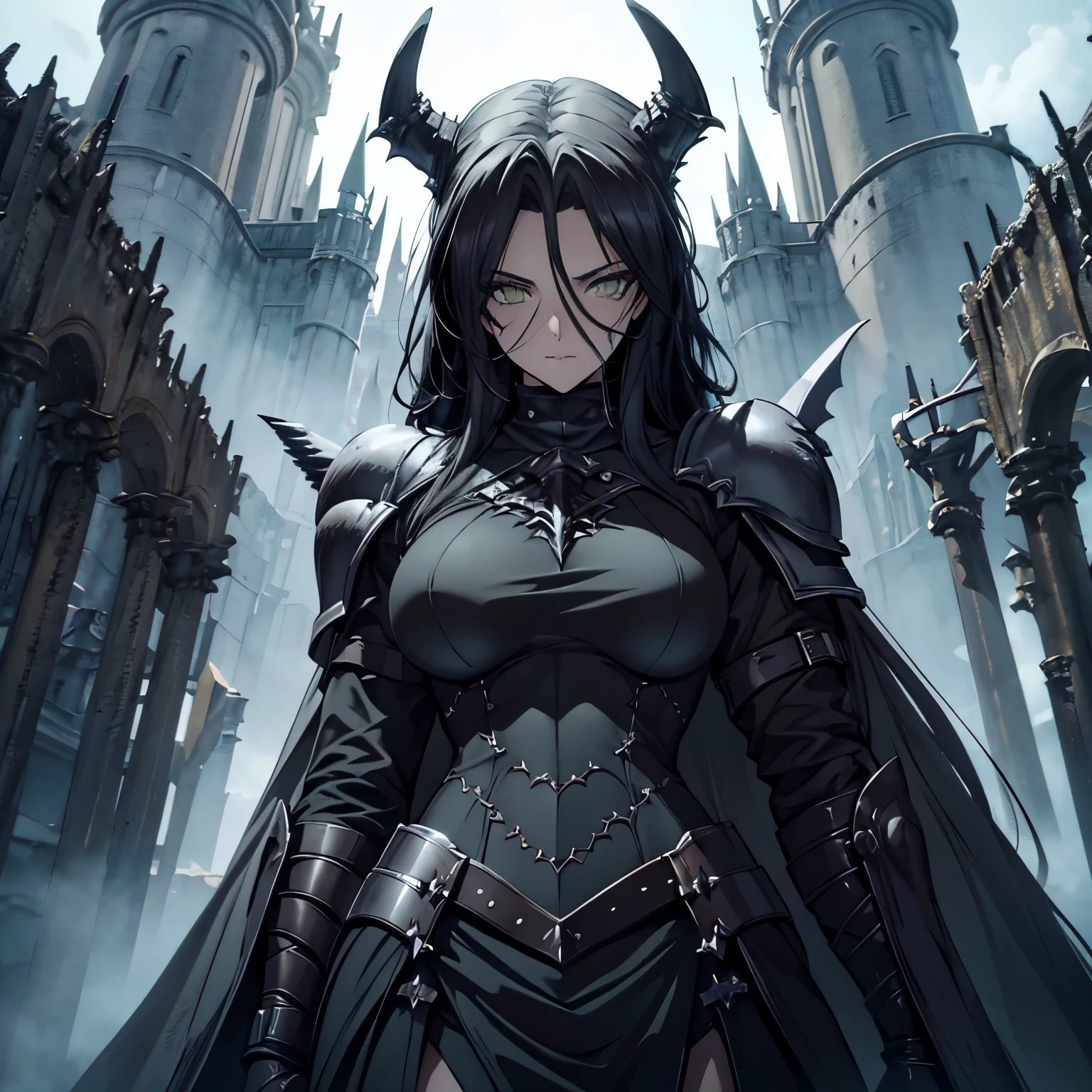 a female death knight, dark fantasy, gothic, armor, yellow eyes, skeletal features, holding 2 swords, standing in a vast landscape, with a dark castle in the background, highly detailed, photorealistic, 8k, masterpiece