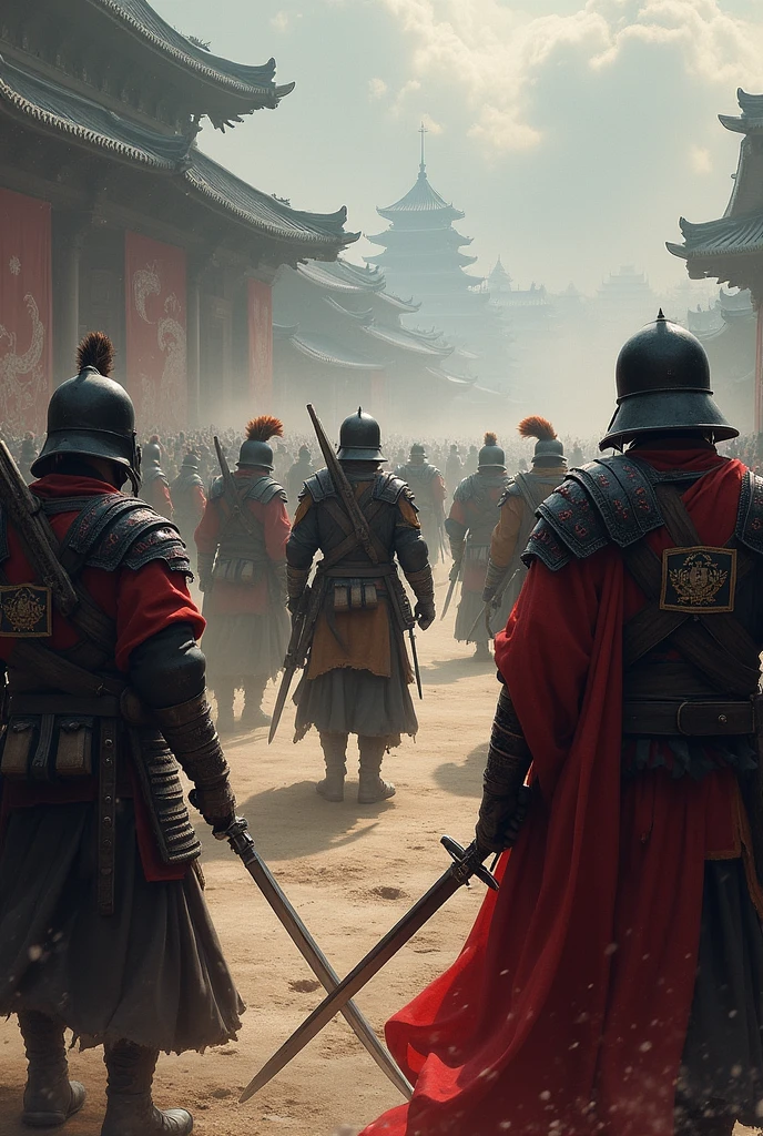 Best quality, Masterpiece, 超高分辨率, (photograph realistic:1.4), surrealism, Dream-like,fusionart, Ancient Chinese Battlefield, Three Kingdoms Battlefield, Alavid view of the castle，There was a group of people standing around, Beautiful rudder depth, in screenshot from the 300 movie, the great wall, Great wall, ( Matte painting, Epic matte painting, elaborate matte painting, epic cinematic matte painting, exquisite matte painting, detailed matte painting, Visually stunning scene,Ancient Chinese soldiers, Chinese soldiers, the great wall, hidden blade,