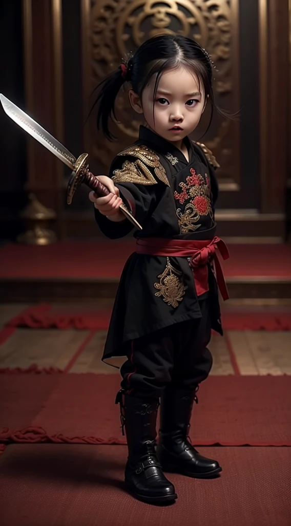 masterpiece, best quality, Reality ,1 baby boy, 5 months old, Holding a Chinese dagger, Wearing black clothing，Full body portrait，RAW photos，main body，8K  UHD，SLR，Soft lighting，high quality，Vision