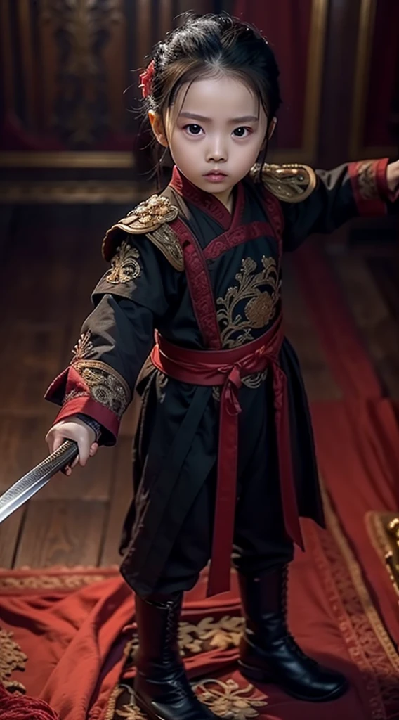 masterpiece, best quality, Reality ,1 baby boy, 5 months old, Holding a Chinese dagger, Wearing black clothing，Full body portrait，RAW photos，main body，8K  UHD，SLR，Soft lighting，high quality，Vision