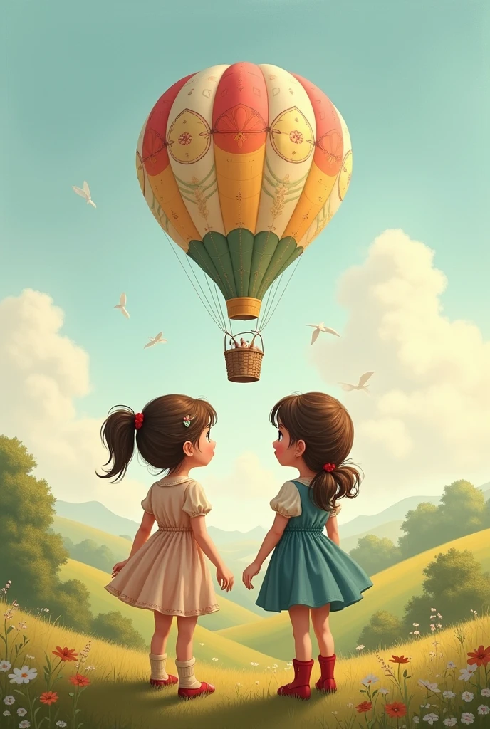 (Masterpiece, best quality) Two children sitting in a hot air balloon flying in the sky, smiling, fine facial features, sun, clean blue sky and white clouds, rainbow, meadow, summer -V6