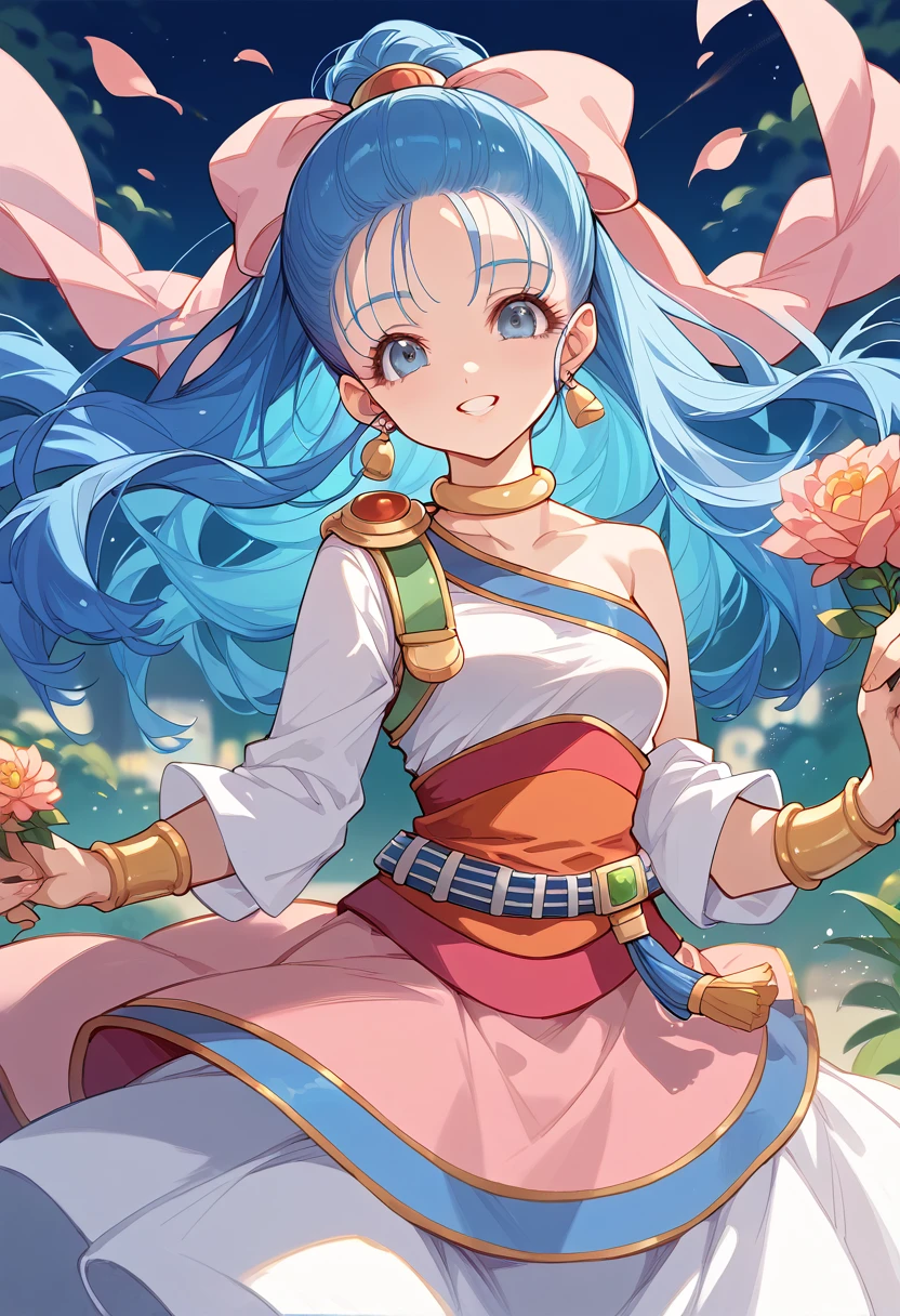 masterpiece,High resolution,Highest quality,8k
(Dragon Quest,Nera Briscoletti)
( female,Blue long hair)
(Pink ribbon,White long dress,sash,Shoulder Bare)
smile,god々Shii-e,Fantastic Light,