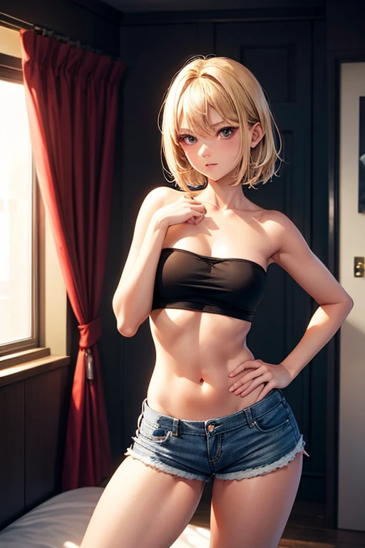 Loli, Blonde hair , Short hair ,Denim miniskirt,bare abdomen,Exposed shoulders,Thin legs,Thin waist, showing panties