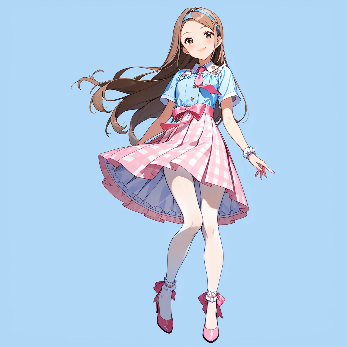 (Full Body Shot:1.5), (Seductive pose:1.0), 
(masterpiece), (Highest quality), (High resolution), (Very detailed), (Best illustrations), Best Shadow, (so beautiful:0.5), (very cute), 

(Minase Iori),  girl, 
Dark brown hair, Long Hair, amount, Hair Clip, Brown eyes, hair band, 
smile, Shyness, Pitiful, 
Small breasts, Round Breasts, Iris, round face, 

Perfect limbs, Perfect Anatomy, Thin legs, Five perfect fingers, Big eyes, Iris, (slender), Tight waist, 
Delicate and smooth skin, Beautiful Skin, Textured skin, Attractive body, 
smile, 恥ずかしそうなsmile, 
 
(White and pink girly dress), Frills, ribbon, (Pink tie), (A sheer light blue shirt), (Pink and white checkered pleated skirt), 
White cotton socks,(White Pantyhose), Knee-high socks, Pink heels, 

(Blue background:2.0), (Blue Studio), 

(from the front), 