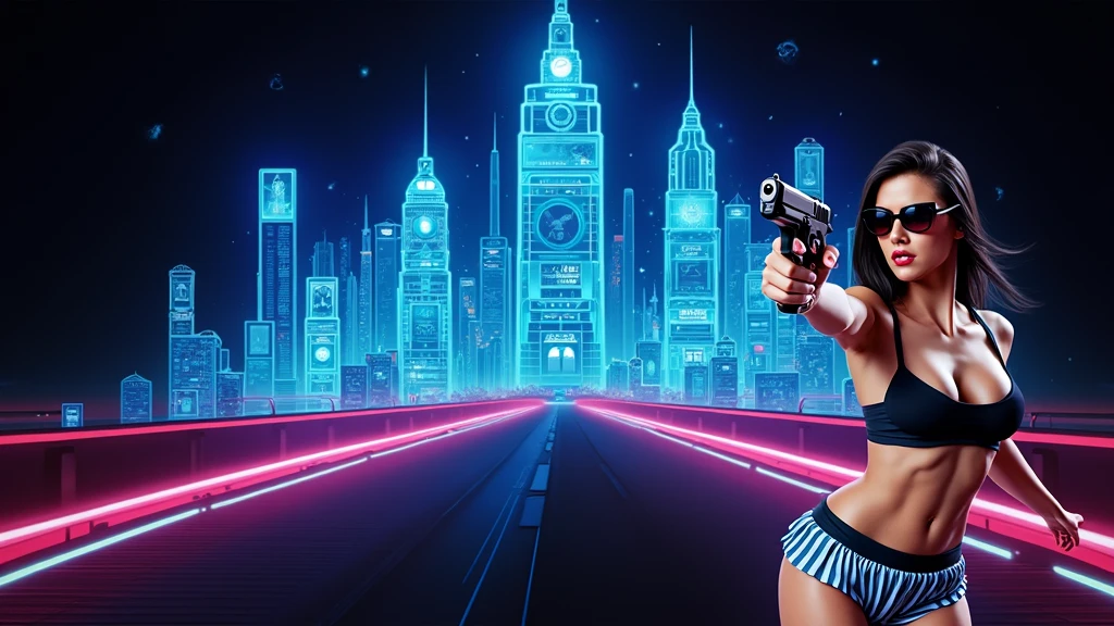 Futuristic cityscapes with colorful all-glass towering skyscrapers, flying vehicle, lightning. High-resolution OLED GUI interfaces in the building, The windows are filled with transparent data visualization infographics that show it all, from weather patterns to traffic flow. Colors are saturated and vibrant. At dark night. (1girl, solo, alone), medium-breast slim:0.6 body, oval:0.5 face, cleavage:1.1, sexy black laced bra, miniskirt, white laced panty, coat, (black micro sunglasses), (holding a short gun), (slightly leaning forward running pose), half-body thigh level medium shot, cinematic lighting, ray tracing.