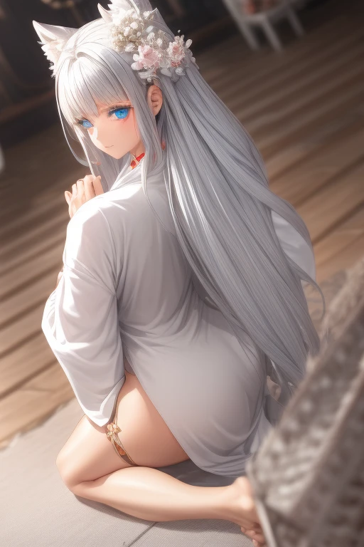 ((best quality)), ((masterpiece)), (detailed), 1girl, white hair. Long braid hair. Topless. Bottomless.  Looks behind.