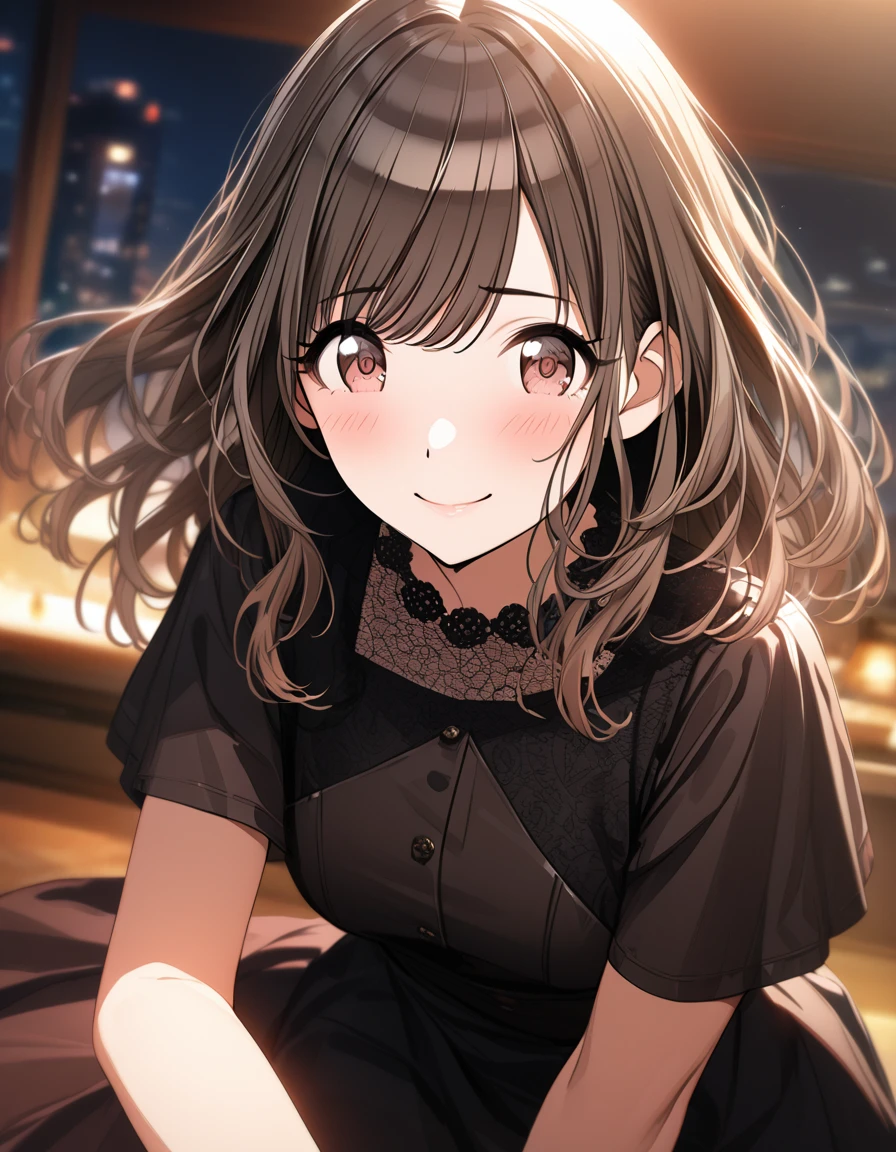 (masterpiece),(Highest quality),(Very detailed),(Best illustrations),(Best Shadow),(disorganized),(Detailed Background),(so beautiful), 
Official Style,
Tsukioka Kogane,
(The Idolmaster Shiny Colors:1.2),

smile,
Embarrassed face,
blush,
alone,
(black dress:1.2),
Night view,
late night,
Background Blur, 
(realistic skin:0.2)
focus on face,
close-up,