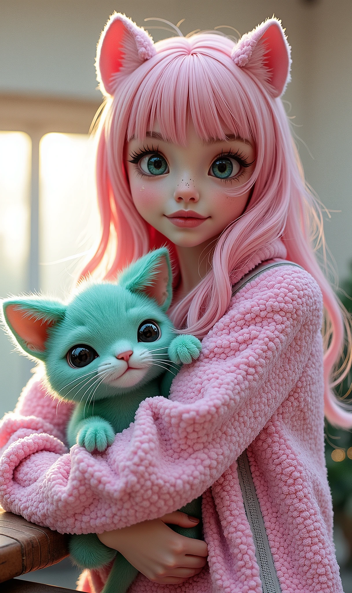 A Barbie girl with cat in hand,long hair, animation,blue eyes,cat blue eyes, smooth ultra 8k resolution,love,smile,cute