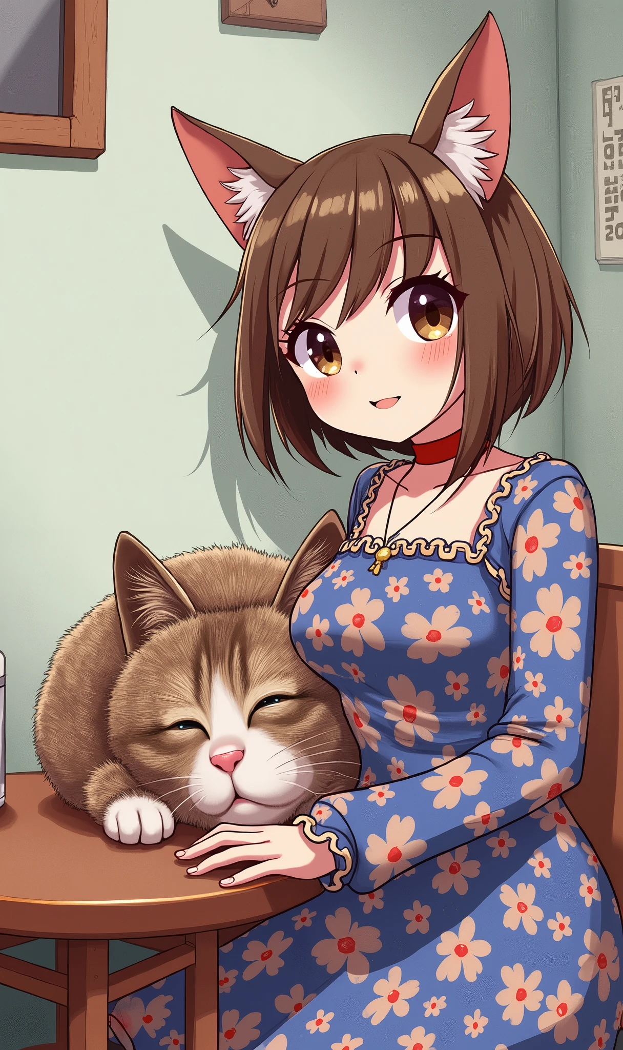 Alto Detalhe, Ultra Detalhe, alta resolução, Uma  fofa e inocente, ((sentada na cama olhando para janela)), quarto de meninaly sky, janelas abertas. Menina sentacama olhando para janela, menina feliz, meni8 anos, cuteexon, menina com gato no colo,