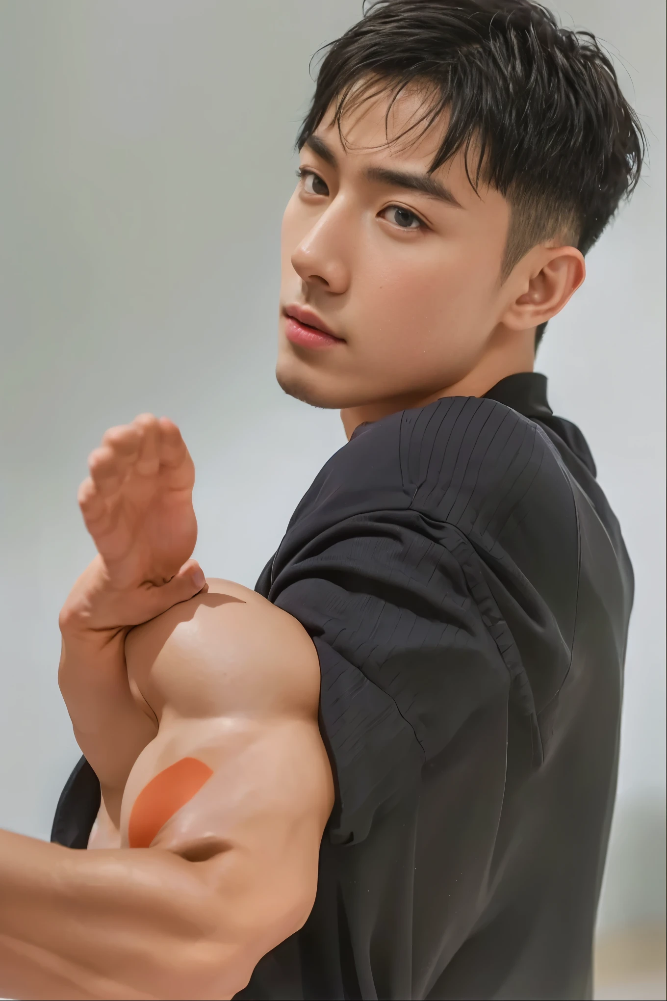 Man in his 20s posing for photos,  A high resolution, tmasterpiece, Best quality at best, heads:1.3,((hasselblad photograph)), delicate skin, Focus Clear, (电影灯光), during night, gentlesoftlighting, dynamic angle, [:(Detailed faces:1.2):0.2],(((workout))), External