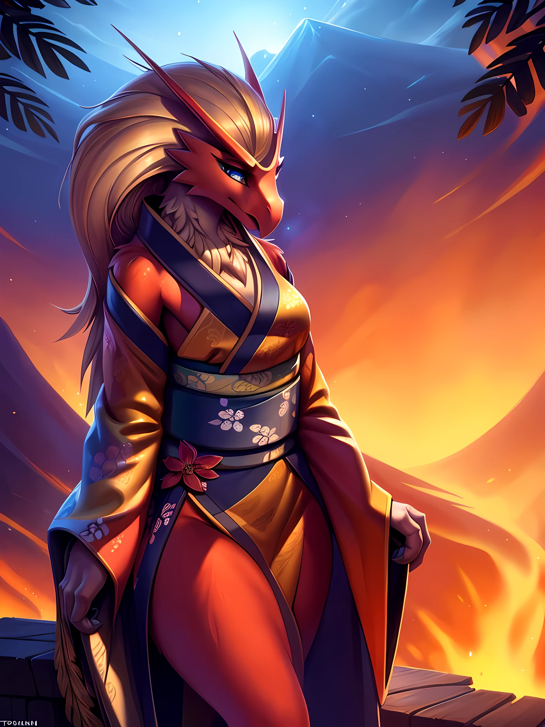 uploaded on e621, ((Blaziken)) by Pixelsketcher, by Bayard Wu, by Thomas Benjamin Kennington , by Einshelm, anthro, ((portrait)), BREAK, ((kimono:1.2)), wearing a kimono, long flowing kimono, red kimono, fire design on kimono, full body kimono)), (detailed Bonifasko lighting), (detailed feathers), (detailed fur), (female Blaziken), BREAK, ((long flowing hair)), ((facing viewer)), (cinematic lighting), ((detailed background)), ((upper body portrait view)), (((portrair view))), (half body shadow), [backlighting], [crepuscular ray], [detailed ambient light], [gray natural lighting], [ambient light on the belly], (higher wildlife feral detail), [sharp focus], (shaded), ((masterpiece), medium breasts, furry Blaziken, bird face, furry Fantasy Art, furry Art, Commission for High Res, anthro Art, POV furry Art,Sakimichan beautiful, masterpiece, best quality, detailed image, bright colors, detailed face, perfect lighting, perfect shadows, perfect eyes, girl focus, blue eyes, flawless face, face focus, long flowing kimono, bird girl, feathers, feathers woman, large long muzzle, colorful feathers, gaze at the viewer, half-closed eyes, 1girl, full body, (masterpiece:1.21), (best quality:1.2), (illustration:1.2), (cinematic lighting:1.3), detailed fur, balanced coloring, global illumination, ray tracing, good lighting, feathers, anthro, looking at viewer, (standing outside, in volcano, fire and snoke, woman looking at viewer, woman looking at camera, fire in open hands, in a fighting pose, wearing red kimono