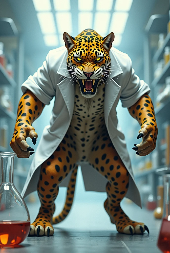 A human doctor (((((transforming))))) into an (anthro muscle jaguar) in a medical laboratory. (Torso of a jaguar), (((human legs))), ((human feet)), (shocked expression), (((full shot))), ((whole body)) (ripped clothing), lab coat, broad shoulders, big biceps, big pecs,  big thighs, male focus, detailed jaguar face, detailed eyes, high quality, best quality, concept art, photorealistic, octane render, unreal engine, sharp focus <lora:nj5furry:0.8>