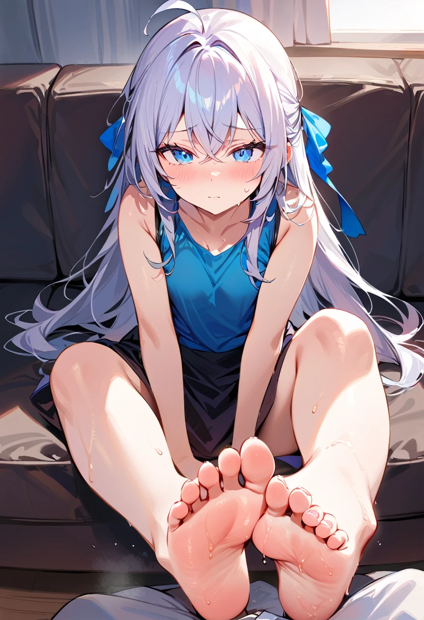 masterpiece, best quality, alya, long hair, silver hair, ahoge, crossed bangs, hair ribbon, sidelocks, blue eyes, sweat on foot, toes, pov, sitting on the sofa, 