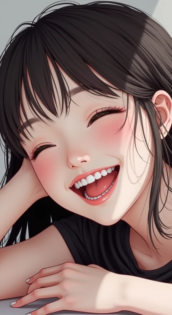 1girl,12yo,,,slanted eyes,thin eyes,,,,looking viewer,open mouth,tongue,,,grin,blush,black long hair,forehead,