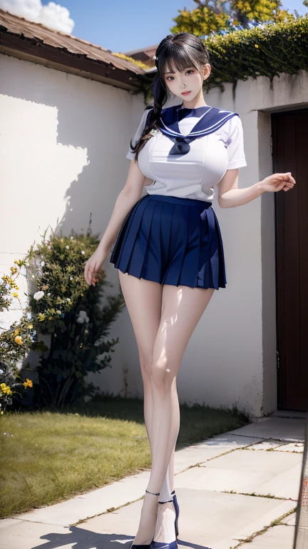 Super huge breasts, Cute Japanese Girl, (Huge breasts:1.8), Long black hair,ponytail, bangs, (school uniform), Tight waist, (Outdoor, garden, blue sky),(high school girl), (oily skin:1.6), (sailor suit:1.5), (pony tail:1.5), heavy makeup, Masterpiece,Best quality,A high resolution, 1girl, From below, (Very thin and straight legs, (Very long legs, Straight legs),High heels,long leges,standing on your feet, Long legs as seen from the front, Perfect body, with perfect legs