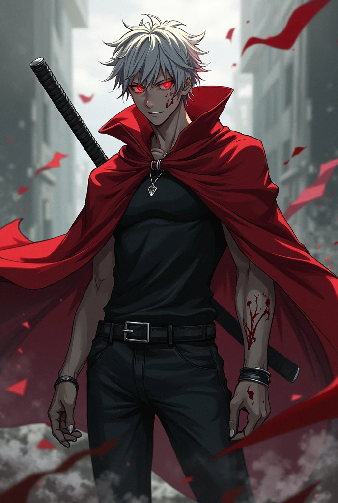  Boy anime Solo,wearing a tattered red cloak as if he had just been through a battle,White skin,red eyes flash,desolate surroundings,hand holding a black katana, there is smoke coming out all around,dark face with only red light from the eyes,muscular body is coming,face with blood stains,inside wearing black shirt and silver necklace