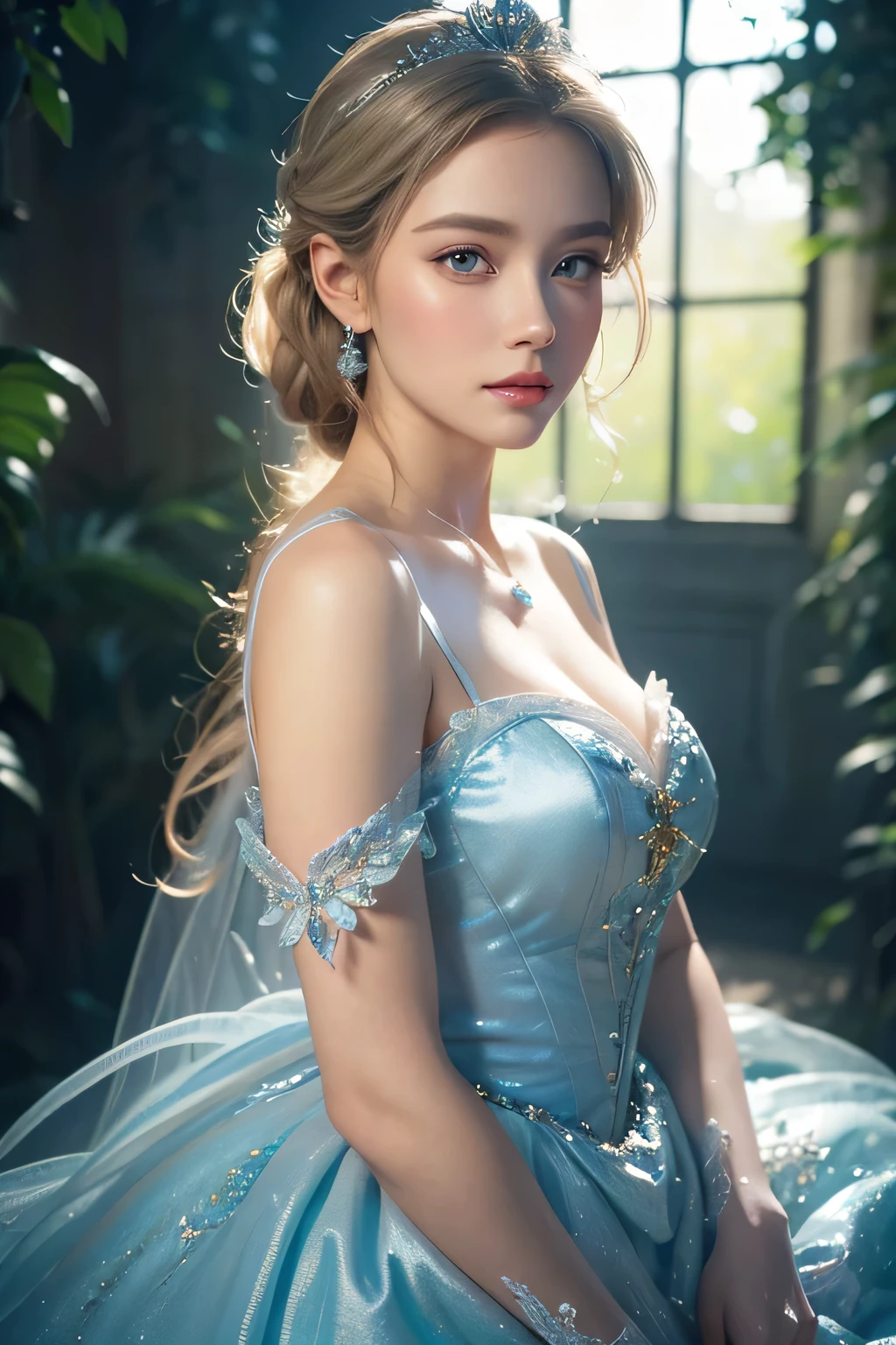 cinderella,girl,beautiful detailed eyes,beautiful detailed lips,extremely detailed face,longeyelashes,elegant dress,fairy tale princess,whimsical,magical realism,fantasy,intricate details,soft lighting,cool color palette,cinematic lighting,digital art,vibrant colors,highly detailed,photorealistic,8k,best quality,masterpiece