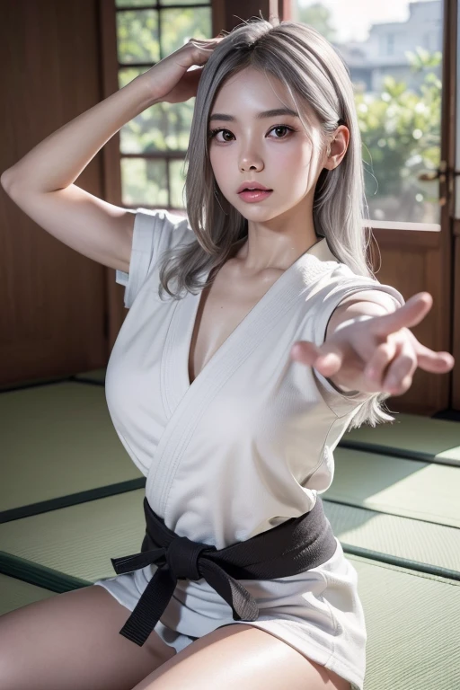 (8k, RAW Photos, A masterpiece of quality: 1.2), (Realistic, photoRealistic: 1.37), ((A little cleavage 1.3)),Female Judo Athletes, ((Big Tits 1.2)), ((Light blue hair 1.6)), Medium Hair, ((Sweaty 1.5)), ((Shiny skin 1.4)), Judoka, ((Beautiful face like a Japanese actress 1.3)),(((White short-sleeved judo uniform、Black belt))) , ((White shorts)),alone, Are standing, Long Shot, (Full Body Shot: 1), Glamorous Body,((Slender body)),View your audience, Photo Shoot Pose, Firm posture, Long Shot photography, Detailed face, (smile), (Perfect Eyes) ,(Perfect hands) (Perfect Fingers), (Perfect Legs),(Thighs), (Full body photo: 1).