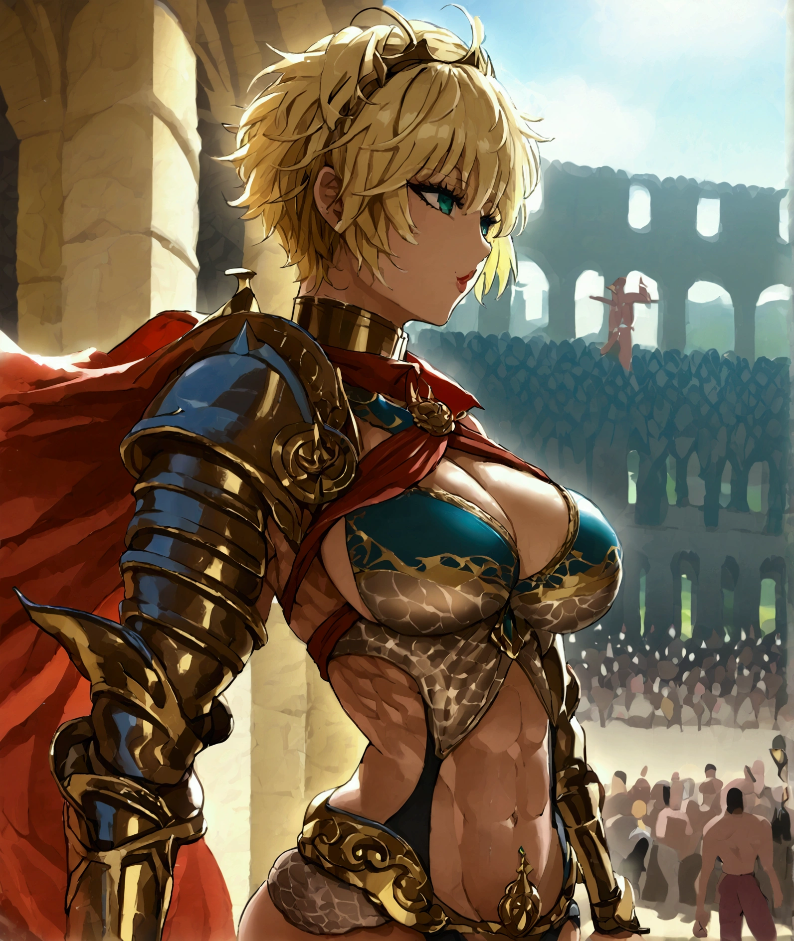 Slim Gladiator Woman,Very muscular,sexy(Ultra Quality, anime style)(huge breasts)(huge ass)(huge legs)(Wide hips and small waist) sticking his spear into the ground(seductive look) as he lifts his helmet to reveal his face, He has short blonde hair with green eyes, coliseum background