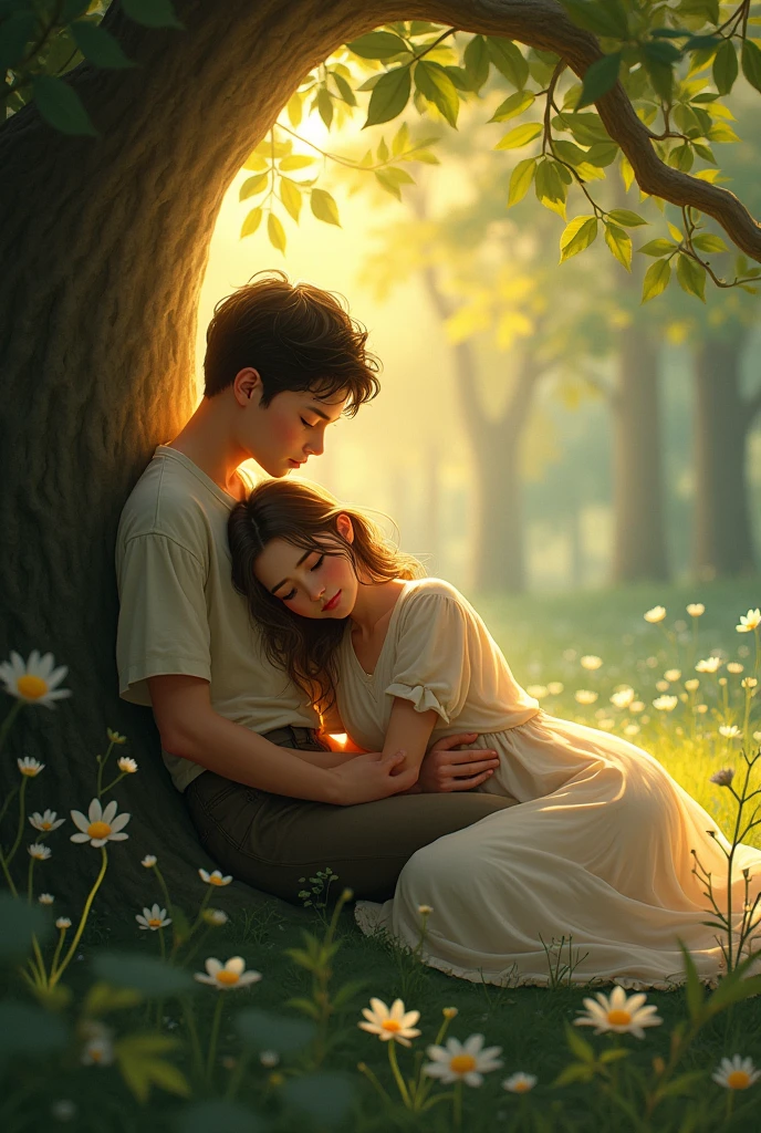 A boy is standing with a girl on his lap