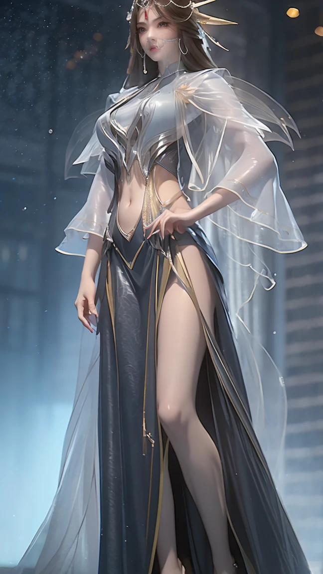 Cartoon woman standing on the starry sky like dominant and powerful enchantress or goddess with belly dancing dress with big breasts and long loose skirts, Water splashes at the knees，CG Social Trends, Smooth anime CG art, Starry sky background，Full body view，Royal sister standing posture，With a translucent veil,  teasing with a sence of elegance and celectial beauty,  tense beauty , breathtking beauty with unimaginable desire
