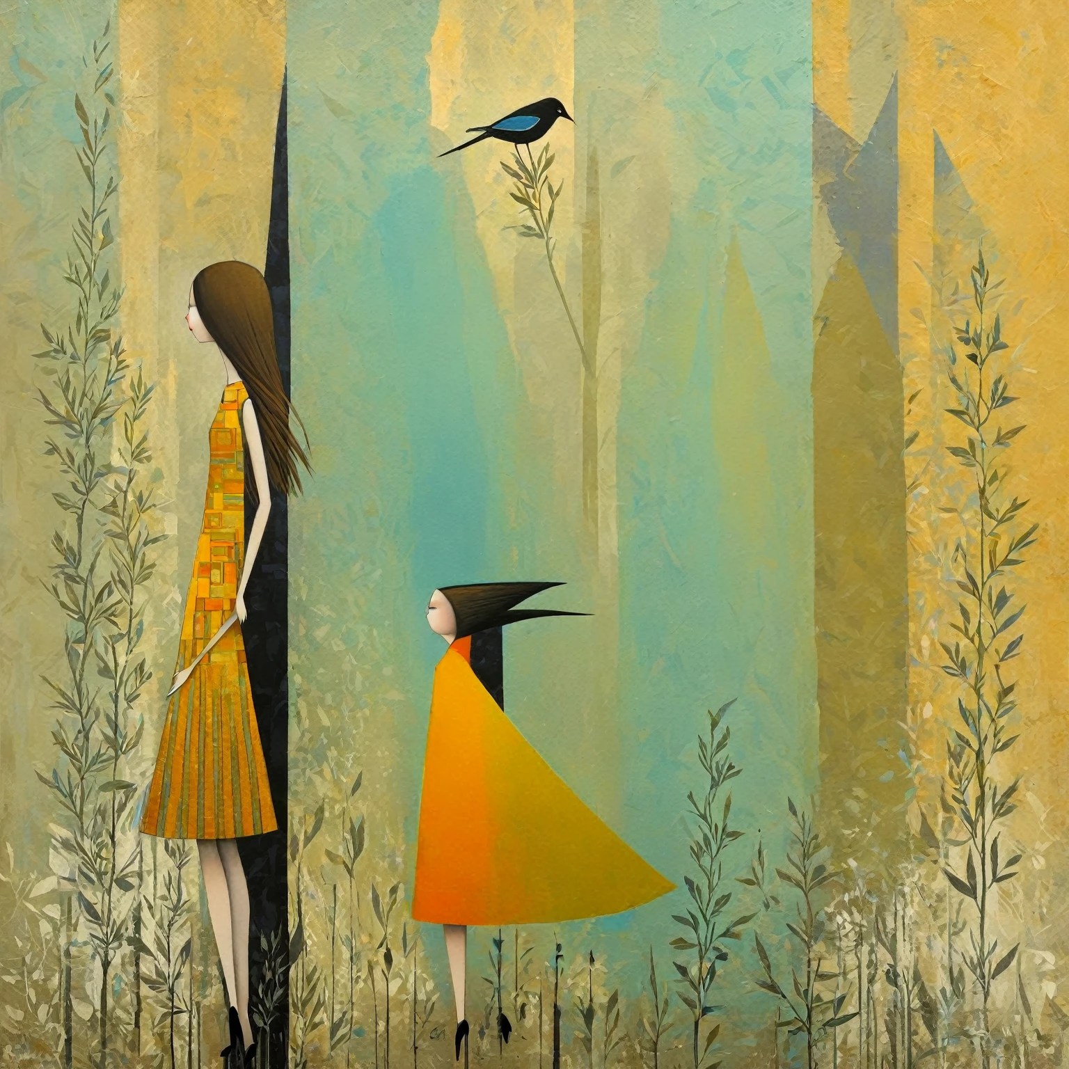 straight hair, long brown hair, patterned yellow and orange dress, Striped sleeves, natural pose, Standing position, look forward to, Smooth skin, stylized artistic background, abstract natural elements, birds, leaves, earthy tones, even lighting, Bestenevoy, calm and intriguing atmosphere, foreground, balanced exposure.  in the style of Dave McKean (collage, mixed media, textures, surreal elements), John Austen (elegant lines, detailed ornaments, black and white graphics), Эрте (Art Deco, graceful and stylized figures, rich patterns), and Тамара де Лемпицка (smooth, glossy surfaces, geometric shapes, bright and saturated colors). Oil painting, intricacy, mute colors, vibrant triadic colors, bright and crispy, Mephiston Red, Yriel Yellow, Altdorf Guard Blue, Barbados Blue, Sensitivity, Rhapsody In Blue and Bleached Silk. 

