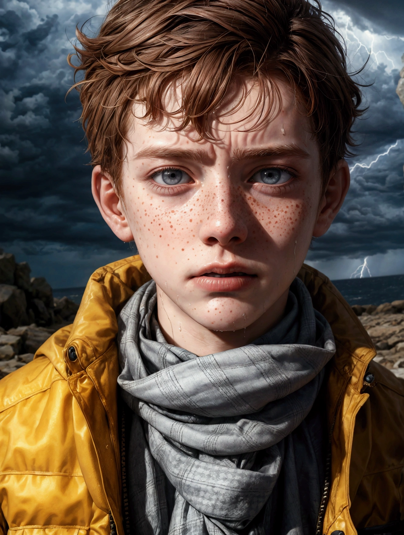(Extremely detailed portrait of a pale boy，Has intense red hair and heterochromia+The eyes are red and blue)
