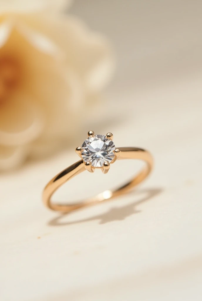 Make me a gold engagement ring with a small diamond with a light background