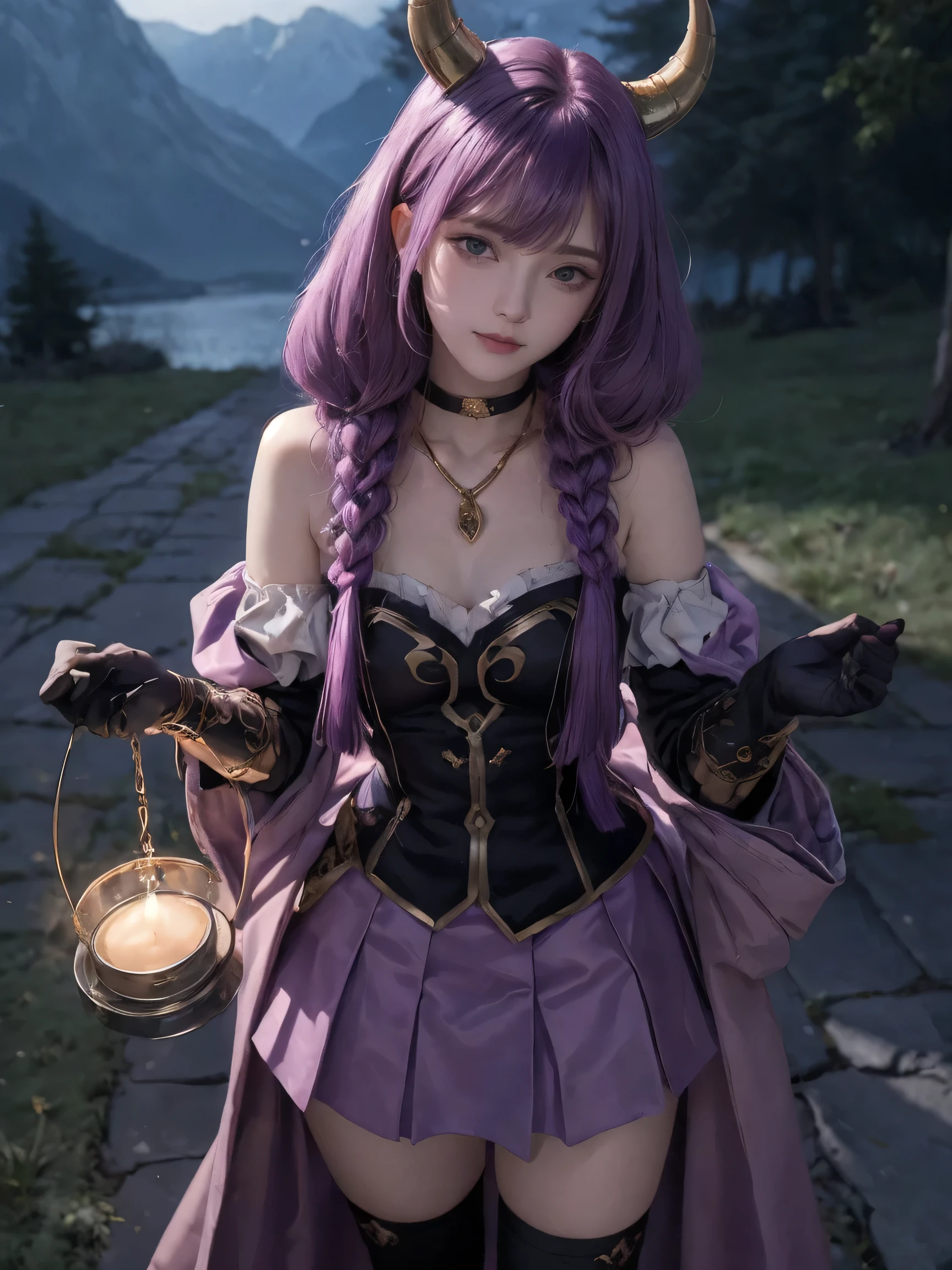 whole body, Aura the Guillotine, Aura the Guillotine, Long Hair, (Purple eyes:1.1), Purple Hair, Braiding, horn, twin Braidings, smile, skirt, Knee socks, gloves, choker, black gloves, elbow gloves, Magical girl, Outdoor, View your viewers, (masterpiece:1.2), Highest quality, High resolution, unity 8k wallpaper, (figure:0.8), (Beautiful attention to detail:1.6), Highly detailed face, Perfect lighting, Highly detailed CG, (Perfect hands, Perfect Anatomy),