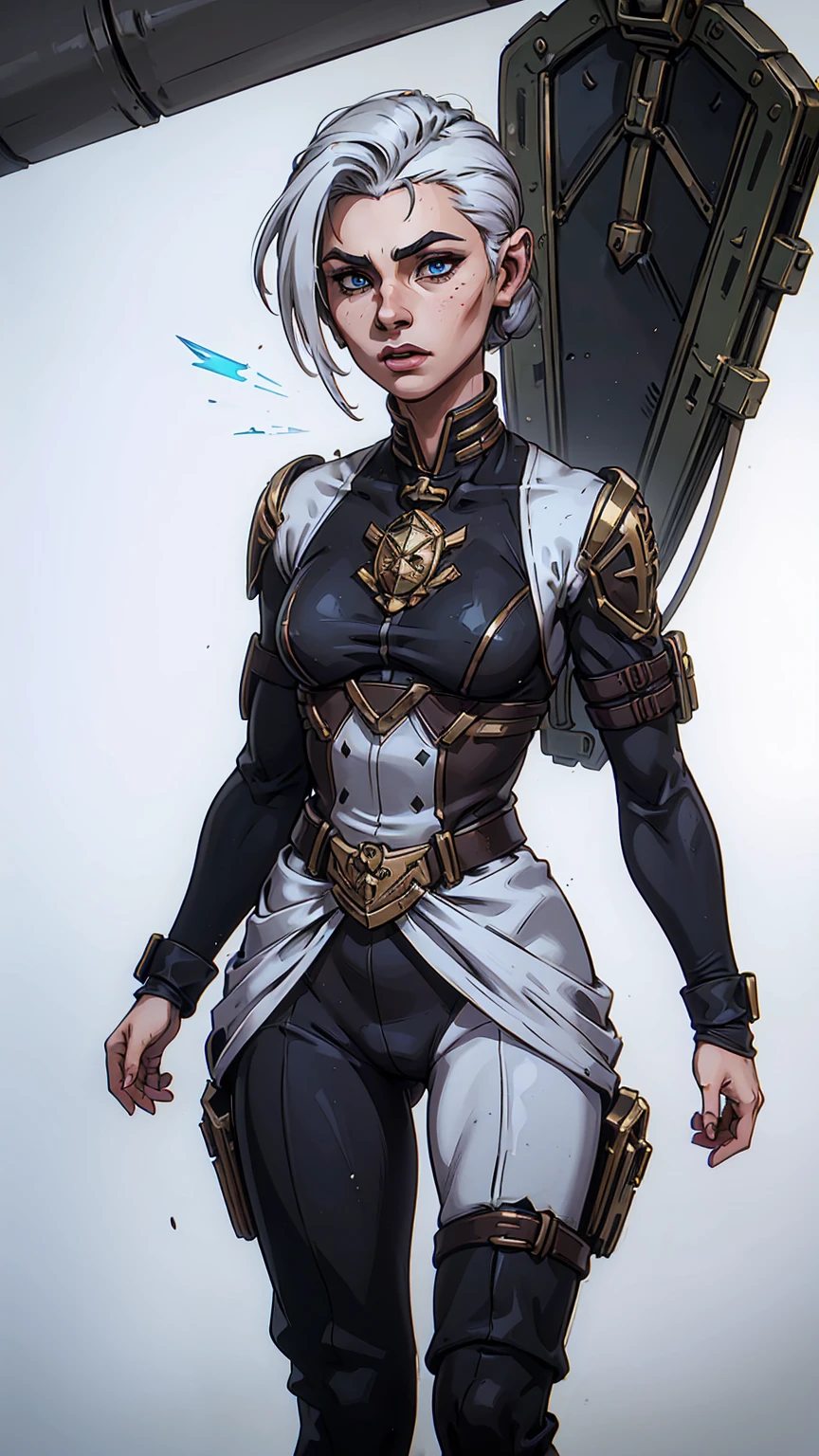 female, uniform wearing si-fi soldier, heavy breastplate, flat chest, small breasts, futuristic, grimdark, soldier shoulder pads, warhammer, military insignia, military service ribbon, (military style tactical (communications headset)), (Datapad), (()), frontal image, plain white background, standing