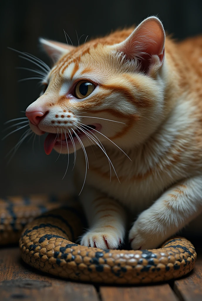 a skinny cat lying on the floor, with dirty eyes and a bruised snout. looking sick.