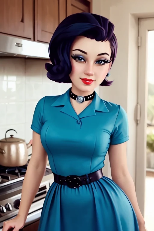 photo of missnoir, a woman, ((short hair, fifties hair, fancy hair, 50s pinup hair))((cowboy shot, waist, hips, thighs):1.1), ((kitchen, making dinner, sunshine):1.3),((lipstick, eyeliner, eye shadow)), ((classy clothing, fifties dress, 50s pinup dress, fully clothed)) ((choker)), ((best quality, masterpiece, extreme details):1.2), ((beautiful eyes, detailed eyes, detailed face, beautiful face):1.2), straight-on,upper body,looking at viewer, smiling