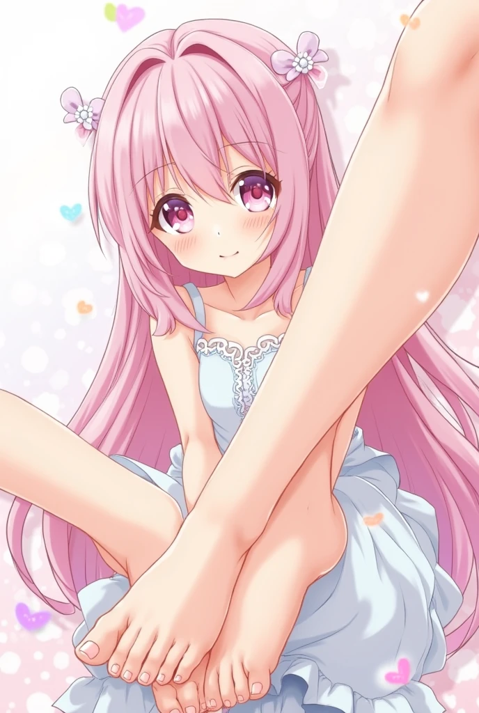 Anime woman with embarrassed face sitting facing front with long pink hair with a big bow and light blue dress showing her legs open at 45 degrees upwards showing her white underwear and buttocks wearing blue flat shoes with a bow