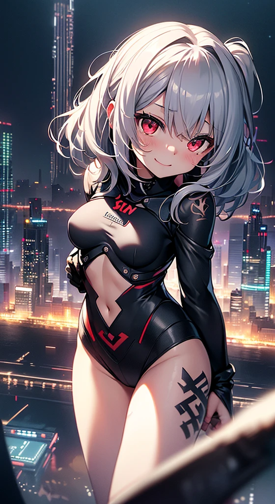top-quality、Top image quality、in 8K,4K,masterpiece、、ultra-detailliert、Beautiful、ultra-quality、adult-like、Cool、girl with(((18year old、High leg rubber suit 1:3、Medium-sized breasts、silber hair、a short bob、Red Eyes、erotick:1.4、Happiness、The tattoo)))、from below looking up、opening legs widely、sexy pose:1.4、hiquality、visualart、Background with((nightcity:1.2))、masutepiece