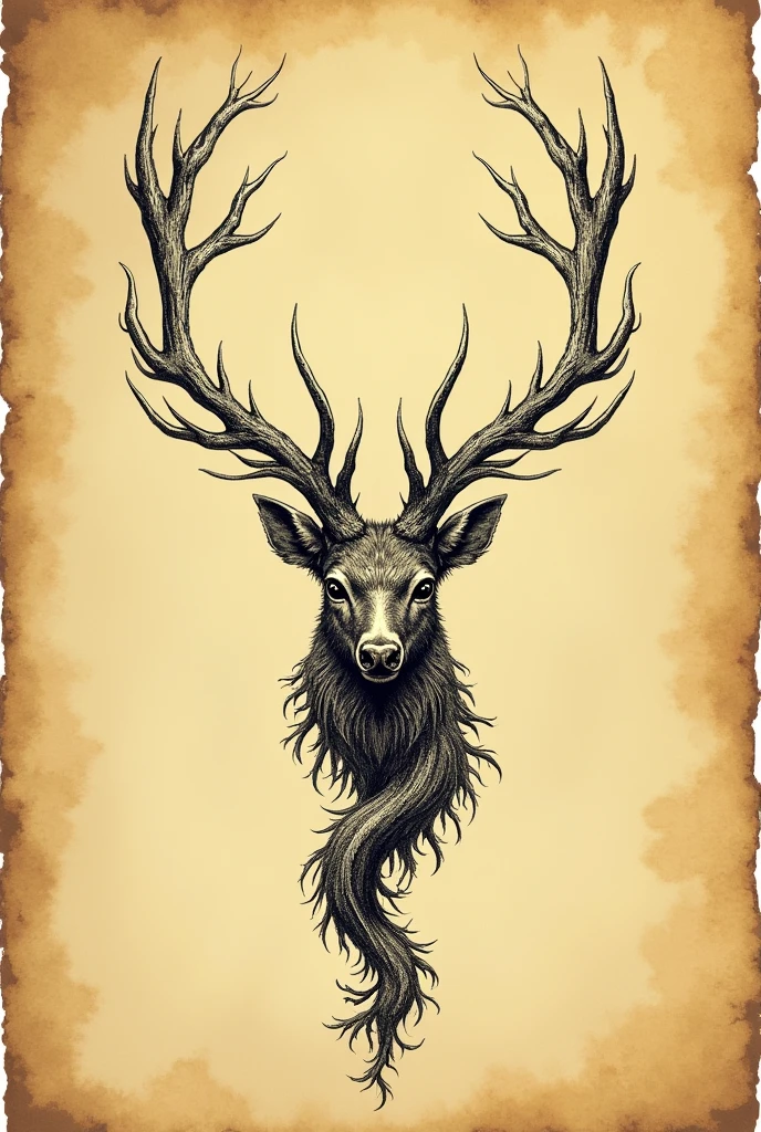 Sacred symbol drawn in ink on a yellowed parchment. The drawing depicts an oak branch intertwined with deer antlers..