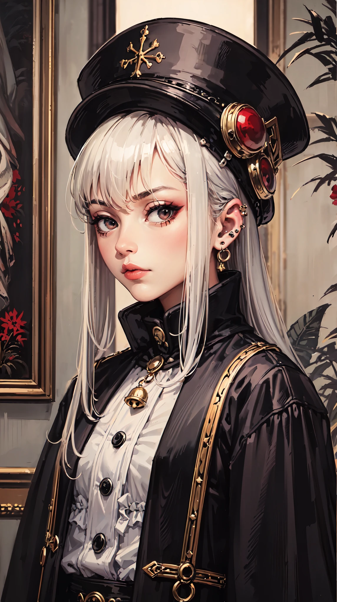 The insanely beautiful artwork of the authors from Artstation. Anime aesthetics in every detail. A 1girl with silver hair and burgundy eyes, (eyes prishurenye)., a work painted with a dry brush taking into account the proportions . A beautiful pale face with a piercing gaze in the side. (medieval European jester's hat with Rhomboid patterns on the hat , small bells and laces on the hat. very long jester hat)/ portret style .goth-punk style(The character is not looking at the camera ! The character is looking in either direction) In the background you can see the masterfully arranged room of a mid-century master painter.